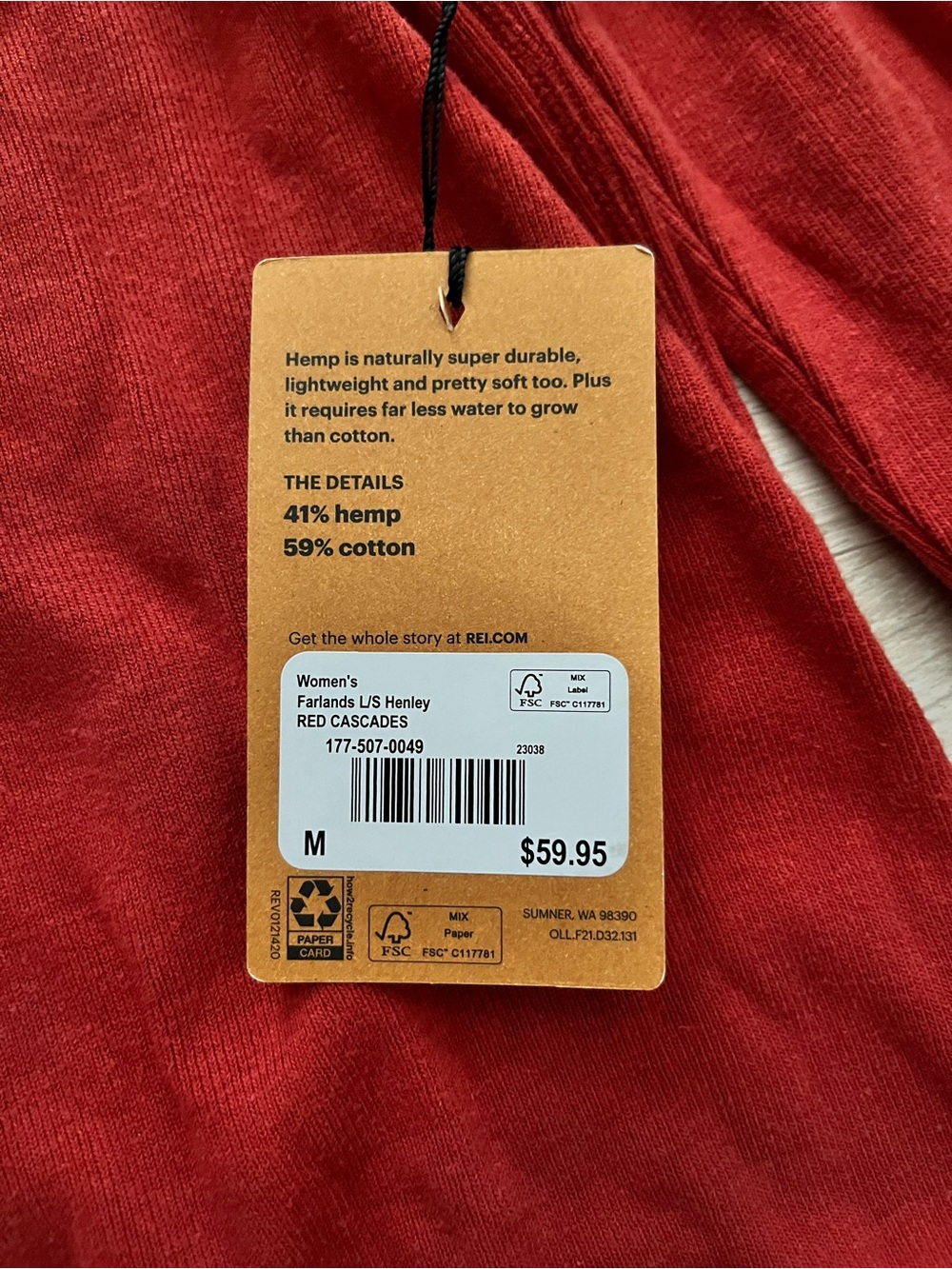 NWT REI Women’s Farlands Long Sleeve Henley Red Cascades - Size Medium - Picture 3 of 7